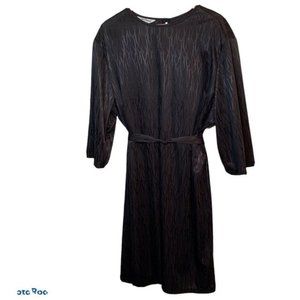 VINTAGE 80s Black Blouson Dress 3X Long Sleeve Midi Polysatin Monochrome Belted